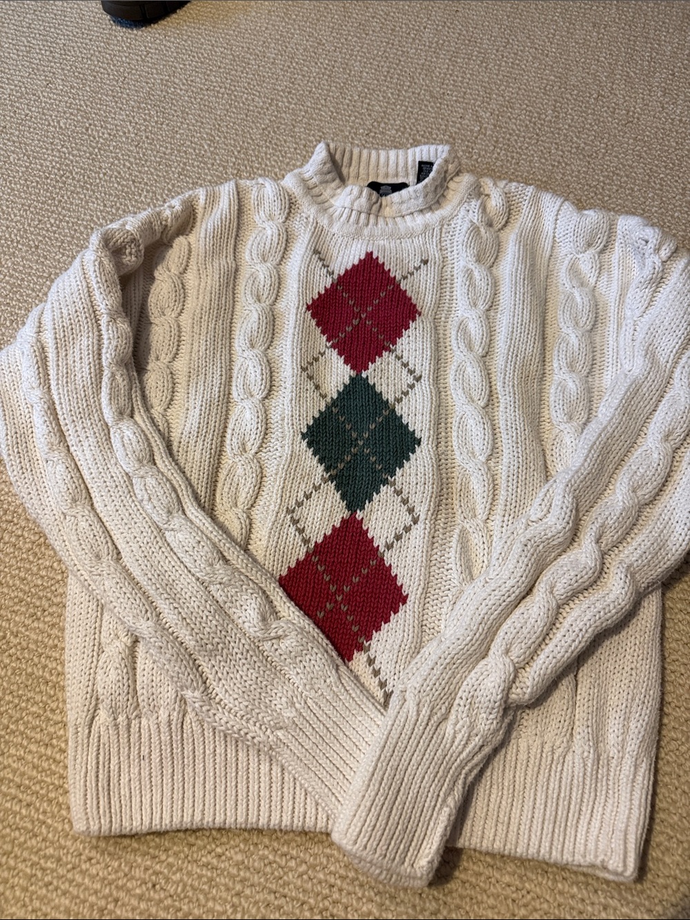 Vintage structure Cream Cable-Knit Argyle Sweater - Men's. (Gr)